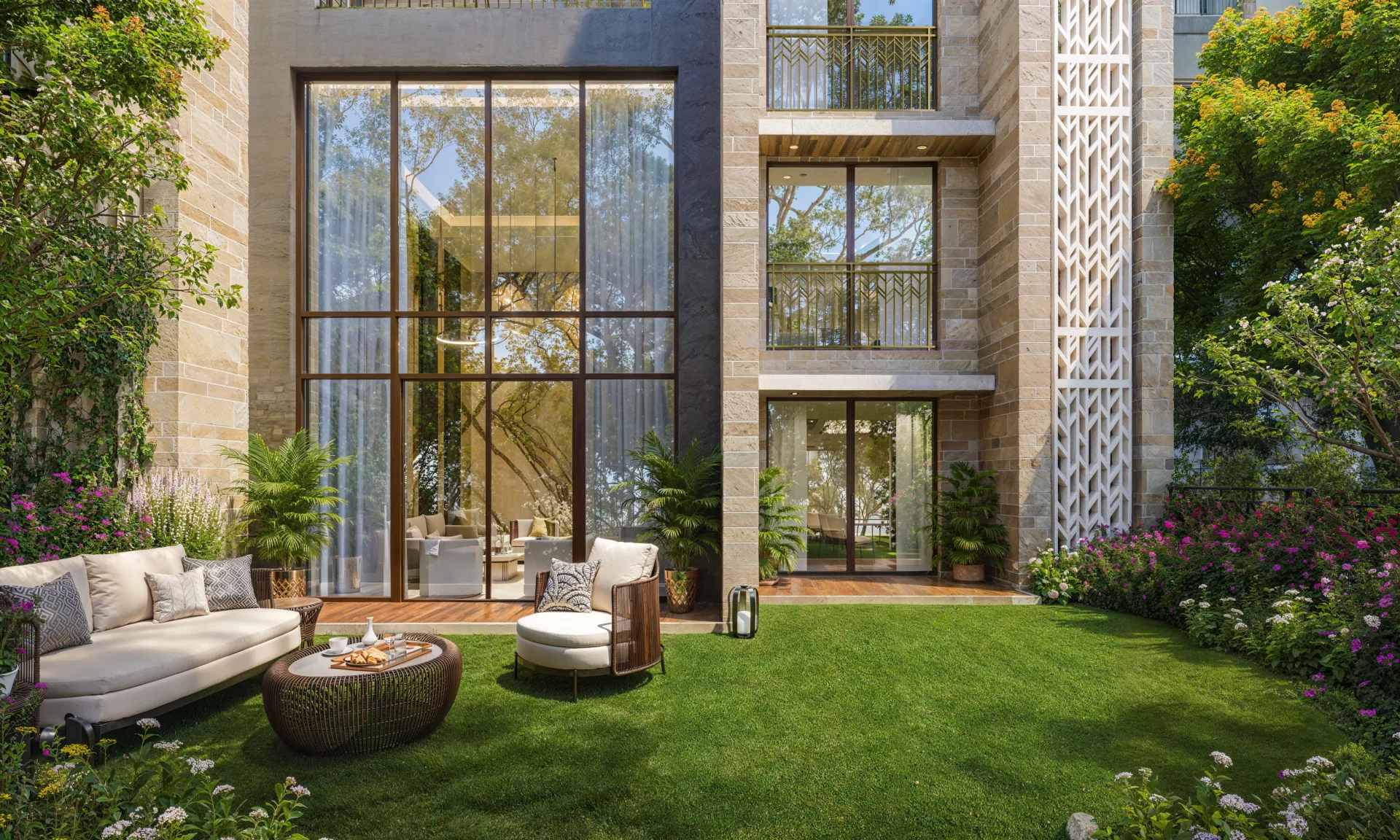 Garden-side residence with a landscaped lawn and outdoor seating